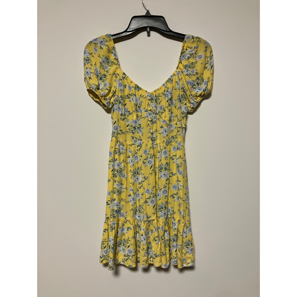 Bebop Women Mini Dress M Yellow Floral Puff Sleeve Rayon Cottagecore Sweetheart